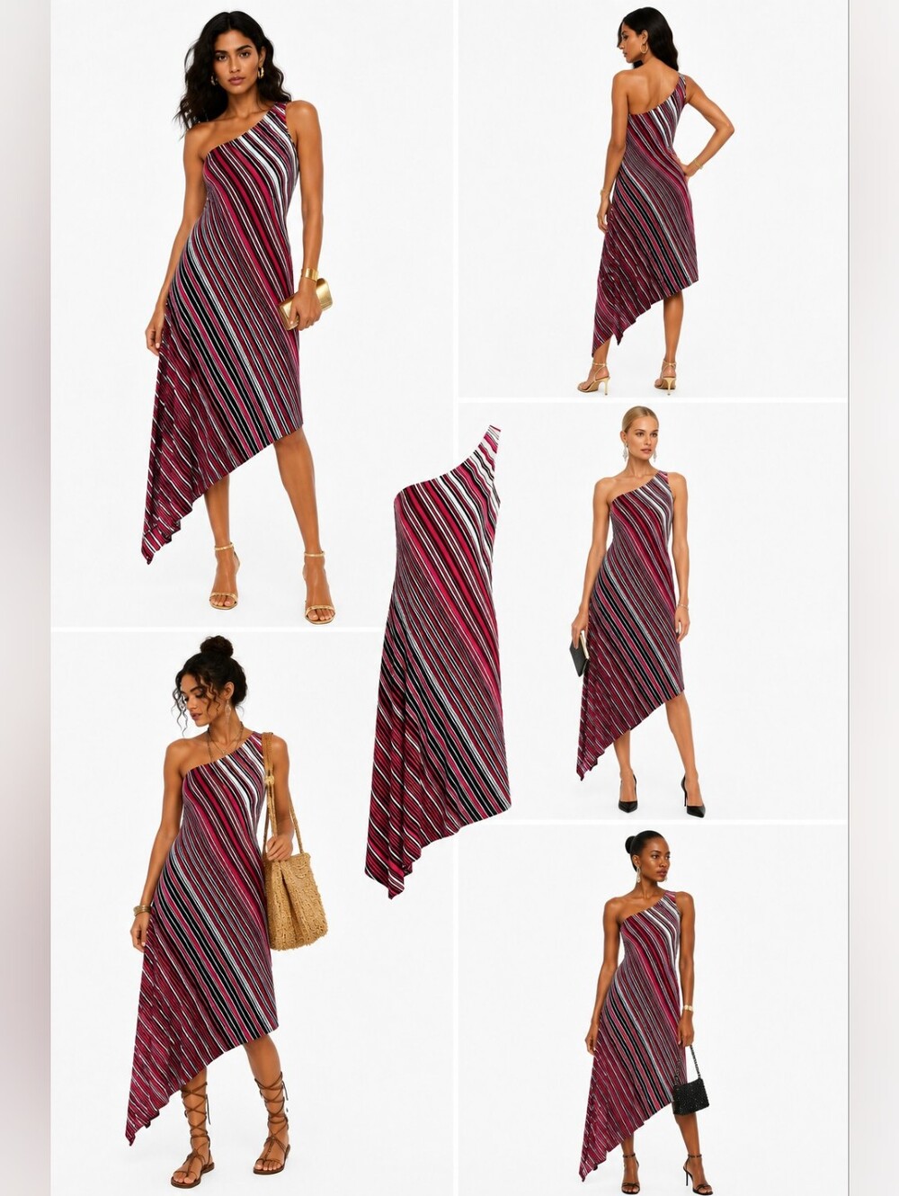 NWT Tessuto Y2K One-Shoulder Striped Asymmetrical Dress Vintage Rayon Maxi